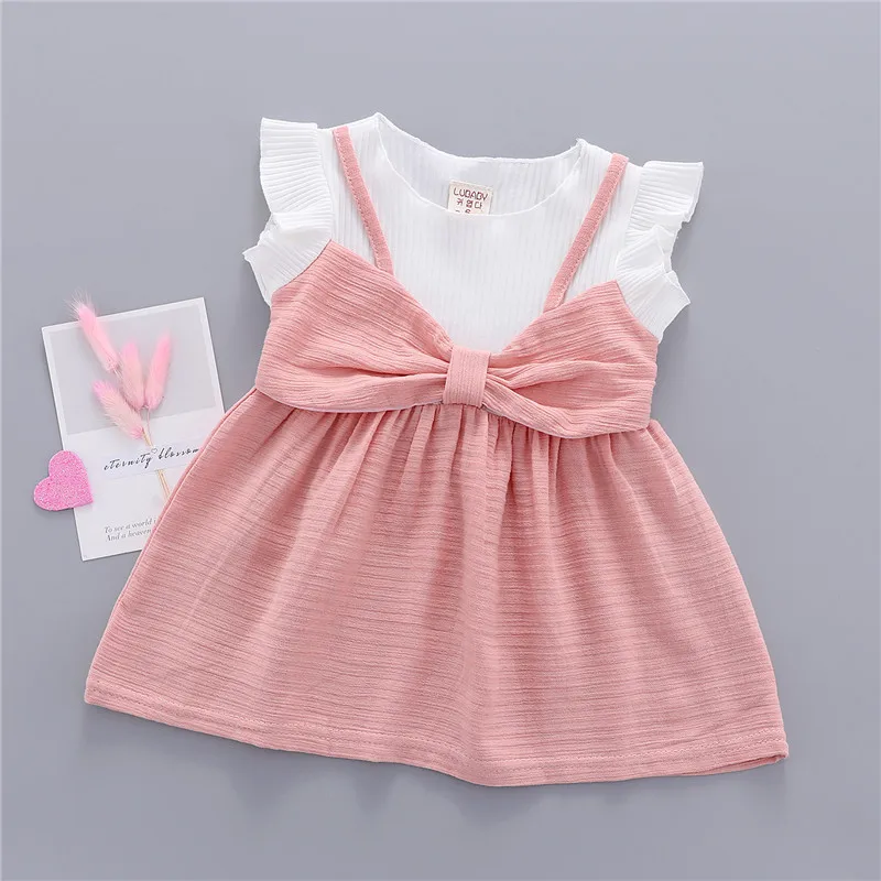 

1-3T Baby Girls Dresse Sleeveless Fake Two-Piece Princess Dresses For Girls Pink Red Yellow White Lace Dress Girls Baby Kids Set