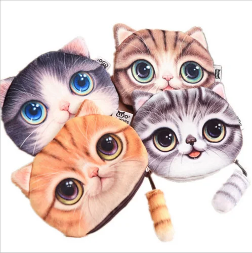 Women Girls 3D Cute Wallet Bag Animal Face Zipper Mini Cat Coin Purses Dog  Purse Plush Gray Purple Brown Yellow