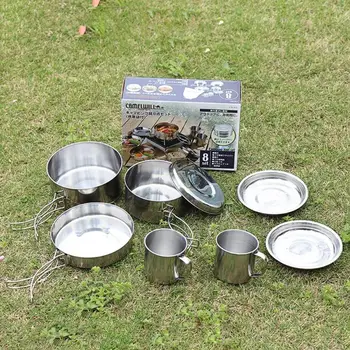 

8pcs Outdoor Camping Cookware Set Stainless Steel Pots Pans Cooking Tableware Kit Picnic Camping Outdoor Tools