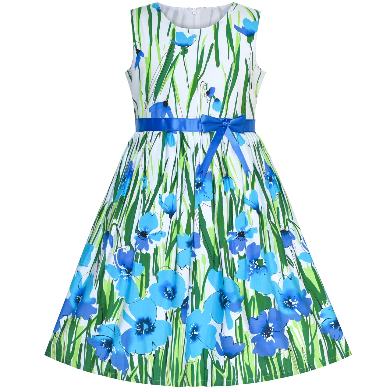 

Girls Dress Blue Flower Cotton Sleeveless Sundress 2019 Summer Princess Wedding Party Dresses Girl Clothes Pageant Vestidos