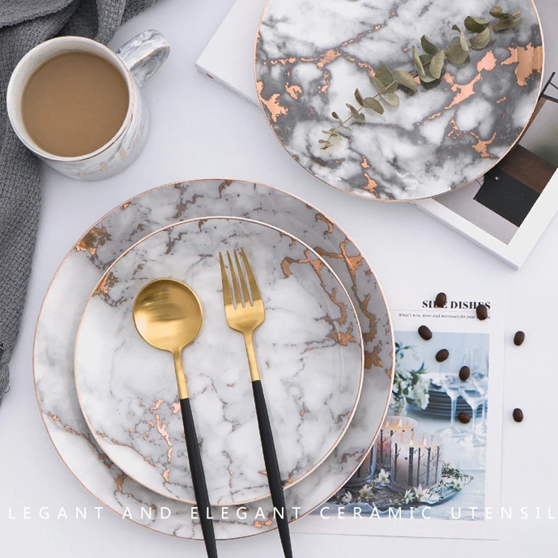 

Dinnerware Set Porcelain Plates European Marble Creative Ceramic Western Dishes Steak Tableware Breakfast Dinner Flat Plate