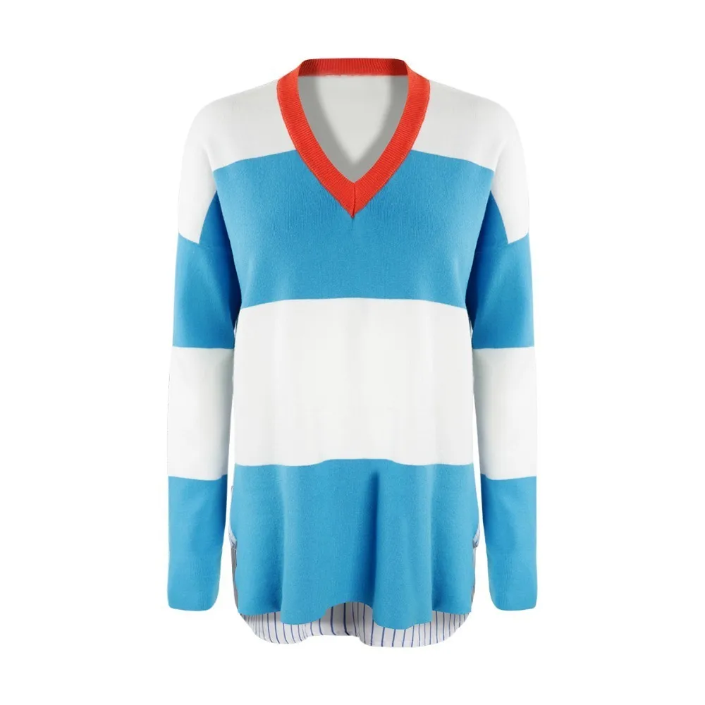 HDY Haoduoyi Loose V-collar colour-impact knitted sweater with wide stripe splicing arc hem HDY Haoduoyi Loose V-collar colour-impact knitted sweater with wide stripe splicing arc hem