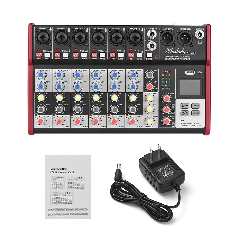 Muslady SL-8 Портативный 8-канальный смешивания консольный микшер 2-полосным эквалайзером встроенный 48V Phantom Мощность поддерживает подключения BT USB MP3 плеер