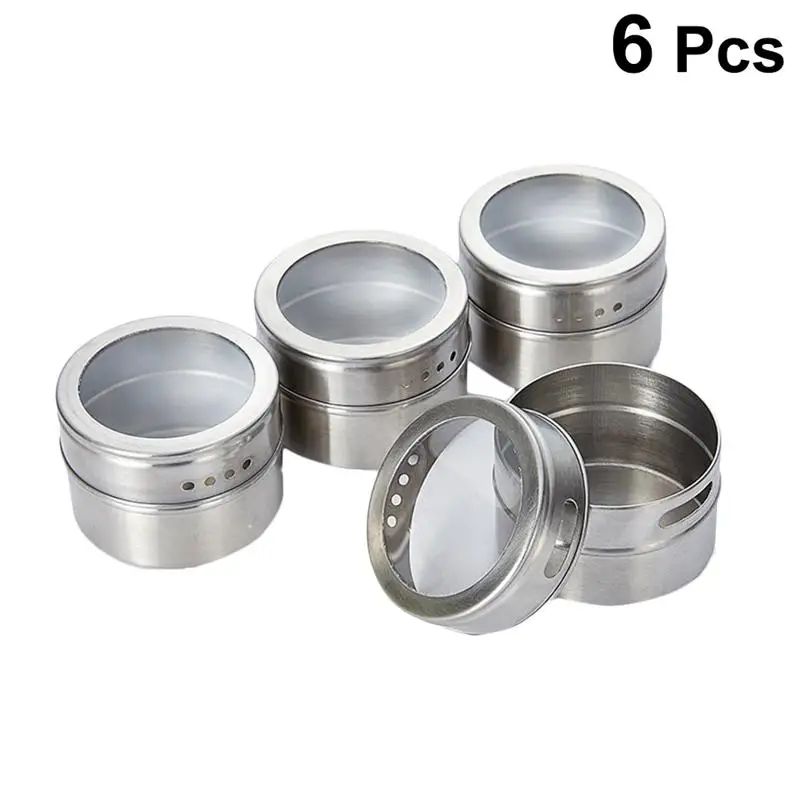 

6pcs Visible Seasoning Pot Stainless Steel Magnetic Base Spice Jar Condiment Storage Pepper Powder Container Kitchen Accessories