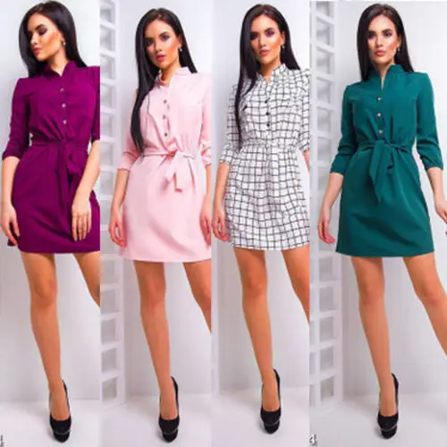 

Women Solid Casual Clothes Long Sleeve Mini Dress Party Beach Dress Shirt Dress Casual Sundress