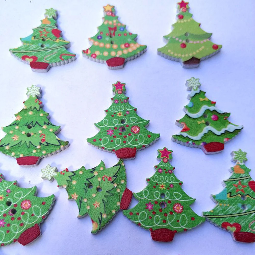 

Christmas Buttons 2019 50pcs/set Christmas Tree Shape Cartoon Button Painted printing buttons 2 holes Wooden Button