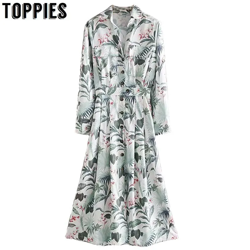 

2019 Summer Long Sleeve Shirt Dress Floral Printing Button Maxi Dress Lady Elegant A Line Vestidos