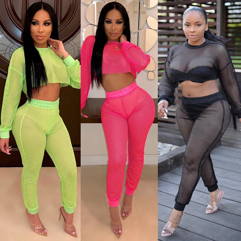 

Sexy Club Outfits Sheer TWO PIECE SET Mesh Net See Through Fishnet Hollow Out Erotic Nude Crop Top Long Sleeve Party Clubwear