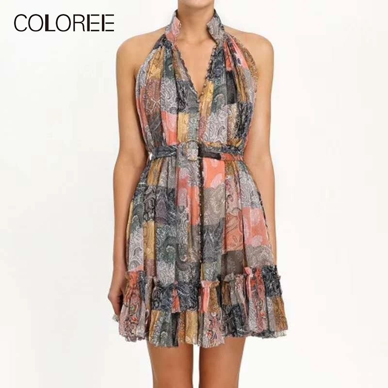 

COLOREE Runway Designer Mini Dress 2019 Summer Vintage Printing Sleeveless Halter Single-breasted High Waist Belt Dress