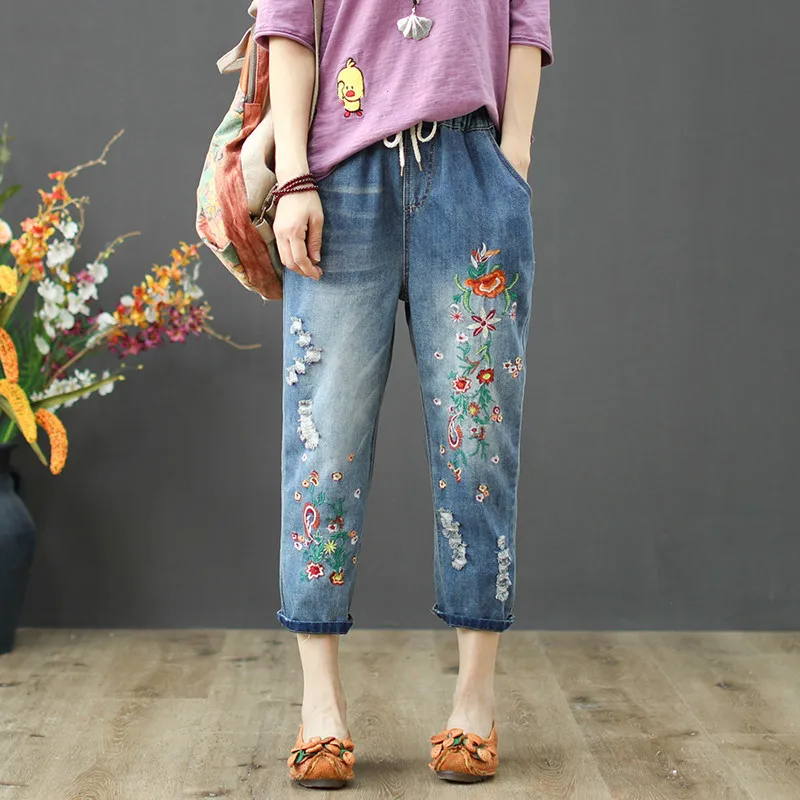 Plus Size Women High Waist Vintage Floral Embroidery Jeansripped Holes Denim Pants Trousers Female Jeans Harem Pant Plus Size Women High Waist Vintage Floral Embroidery Jeansripped Holes Denim Pants Trousers Female Jeans Harem Pant