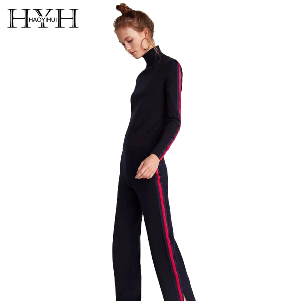 

HYH HAOYIHUI Casual Retro Half-high Collar Red And Black Striped Stitching Base Primer Sweatshirt