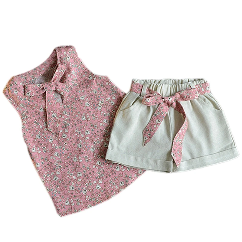 

Hinfaesn Summer Girl Clothing Kids Fashion Small Floral Bow Vest Shorts Two-Piece Wear Baby T-Shirt Pants Children'S Suit Litt