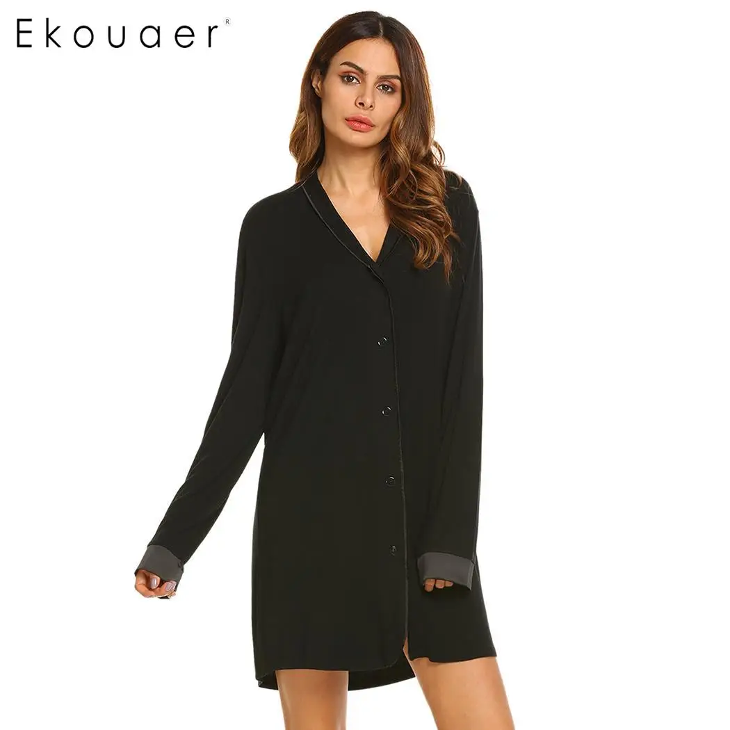 Ekouaer, женская ночная рубашка, ночная рубашка, Классическая, с длинным рукавом, пэчворк, ночная рубашка, одежда для сна, на пуговицах, рубашка, платье