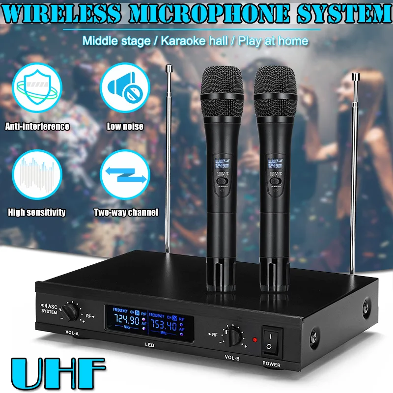 منخفضة الضوضاء UHF 2 قناة لاسلكية نظام مع المزدوج يده ميكروفون ل KTV الكاريوكي الأسرة حزب الترفيه المنزلي مؤتمر