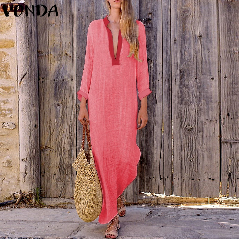 

VONDA Women Maxi Long Dress 2019 Autumn Vintage Shirt Dress Ladies Casual Loose Split V Neck Full Sleeve Vestidos Plus Size 5XL