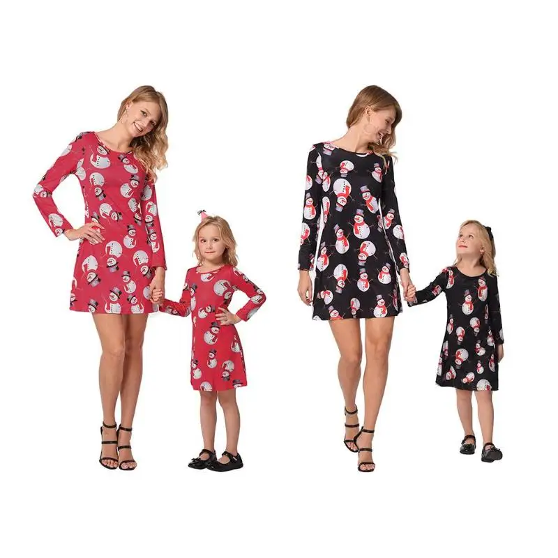 

Christmas Family Match Clothes Long Sleeve Snowman Print Kids Women Dress Navidad Family Matching Clothes