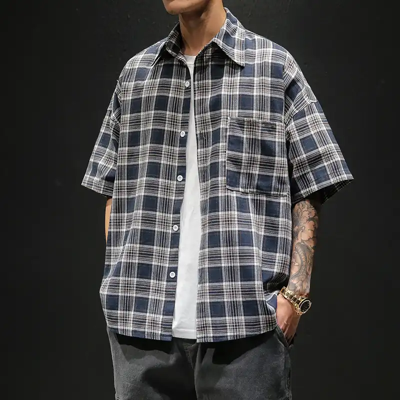 夏新タータンチェックシャツメンズファッションレトロカジュアルシャツマンストリートトレンド野生ヒップホップルーズ半袖シャツ M 5xl Casual Shirts Aliexpress