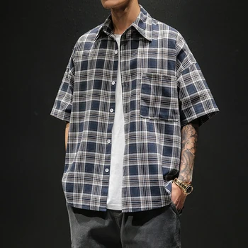 

Summer New Plaid Shirt Men Fashion Retro Casual Shirt Man Streetwear Trend Wild Hip Hop Loose Short-sleeved Shirt M-5XL