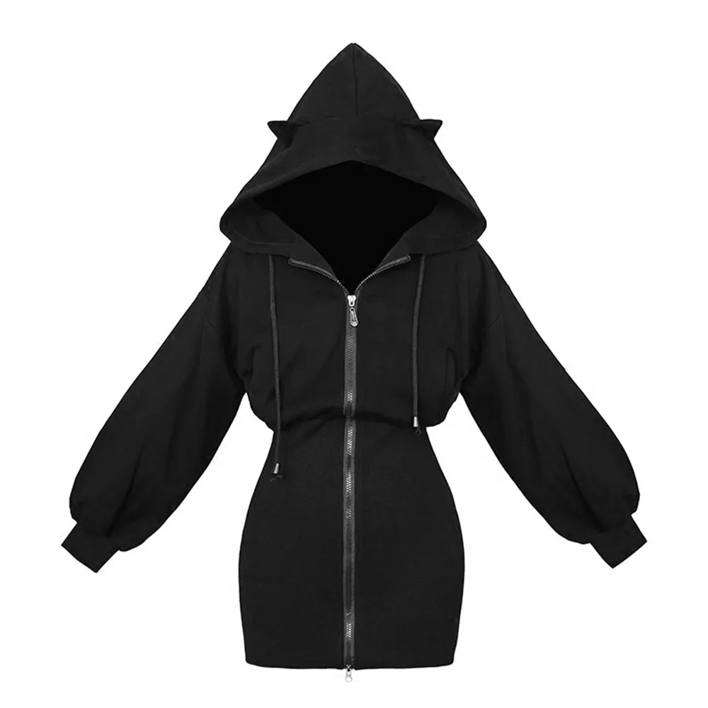 

Hooded Bodycon Dress Women Zipper Drawstring Autumn Korean Stylish Gothic Street School Fitness Slim Young Casual Mini Dresses