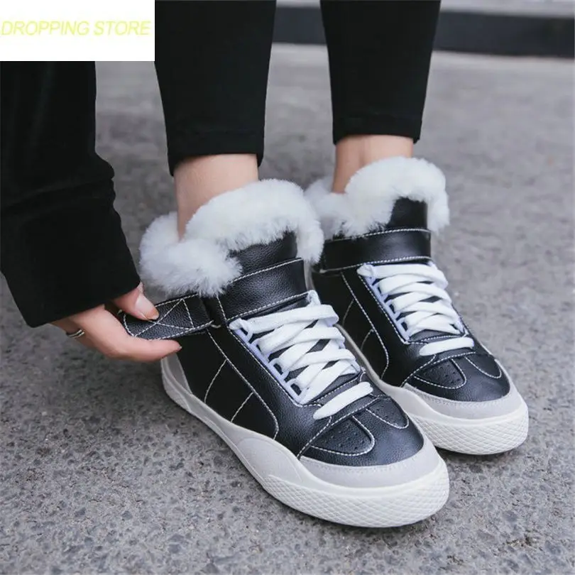 

Womens Cow Leather Low Heel Snow Boots Rabbit Fur Winter Warm Wedges Platform Oxfords Punk Sneakers Casual Shoes