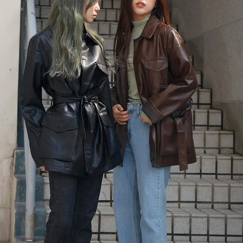 

New Pocket Single Buckle Long Sleeve Slim Waist Belts PU Leather Jacket Clothing 2018 Autumn Winter Coat