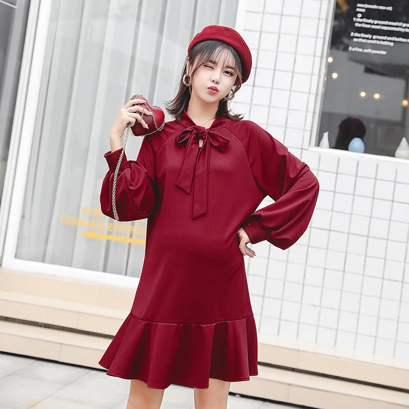 

2019 spring fashion long lantern sleeve maternity chiffon dress plus size pregnant woman trumpet/mermaid ruffles dress sweet