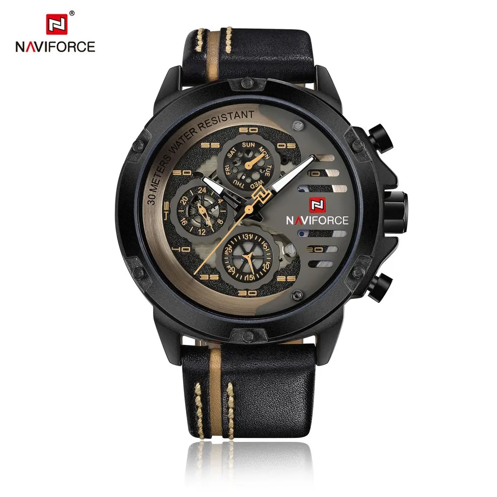 

Fashionable Design Men Genuine Leather Band Quartz Watch Casual Data Day Display Big Round Dial Wrist Watch Best Gift