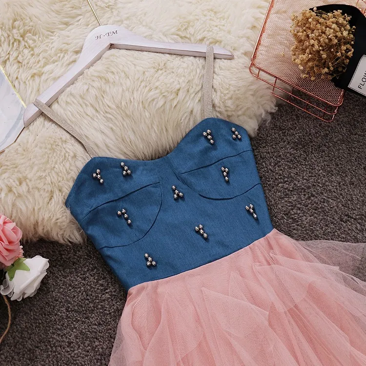 New Women Beading Denim Mesh Patchwork Strap Dresses Summer Jean Mesh Tank Dress Vestidos