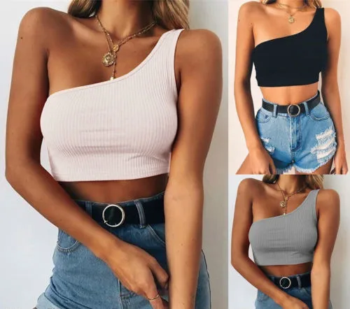 

Women Casual Sexy Tank Top One Shoulder Summer Clothing Ladies Slim Solid Crop Top Knit Stretch Tops Clothing