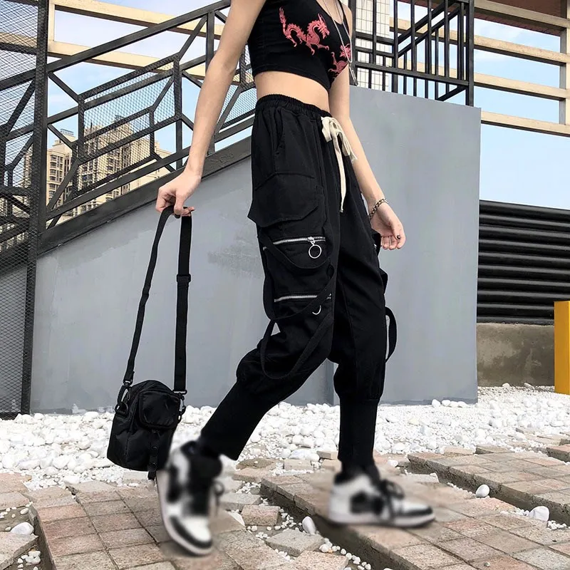 Hip Hop grande poche pantalon Cargo noir Streetwear salopette élastique