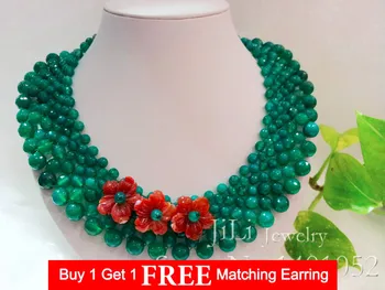 

LiiJi Unique Natural Green Agates Facted beads&Carnelian Handmade Carving Flowers with jades Toggle Necklace 19''