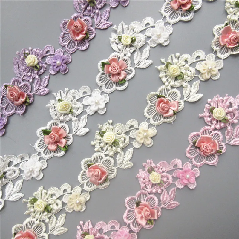 

NEW Soluble Colorful Pearl Rose Flower Embroidered Lace Trim Ribbon Fabric Sewing Craft For Costume Wedding Dress Decoration