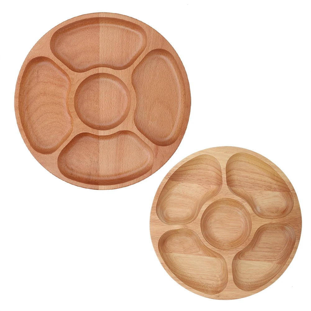 

Hot Wooden Round Shape Food Divided Plate Dessert Snack Sub-grid Dish Tableware Tray