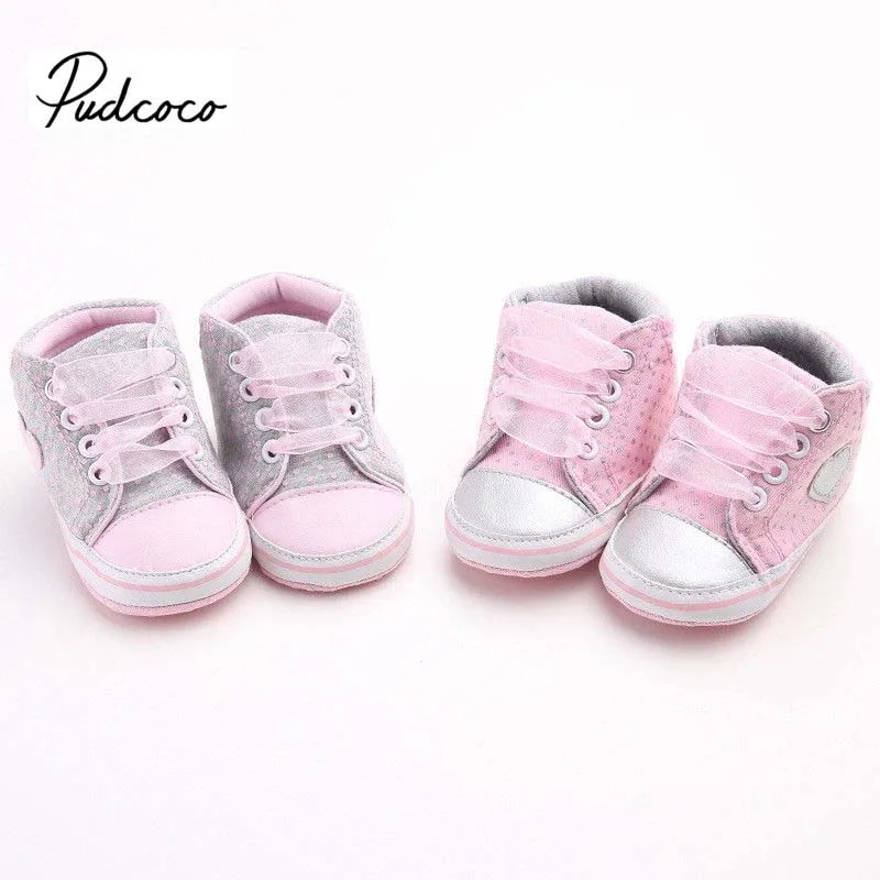 

2018 Baby Boy Girls Canvas Shoes Sneakers Toddler New Casual Dot Heart Lace Riband Crib Prewalker Trainers Firlst Walkers 0- 18M