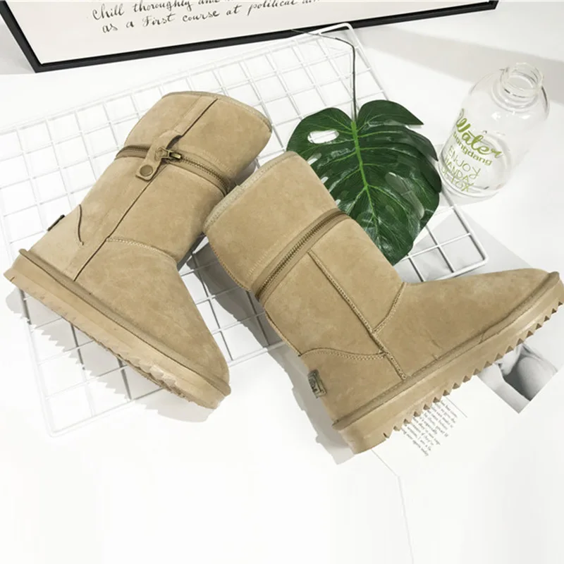 

Snow Boots Zipper Women Black Waterproof High Fashion Leather Warm Fur Plush Winter Shoes Flats Fashion Buckle Female Hot Sale