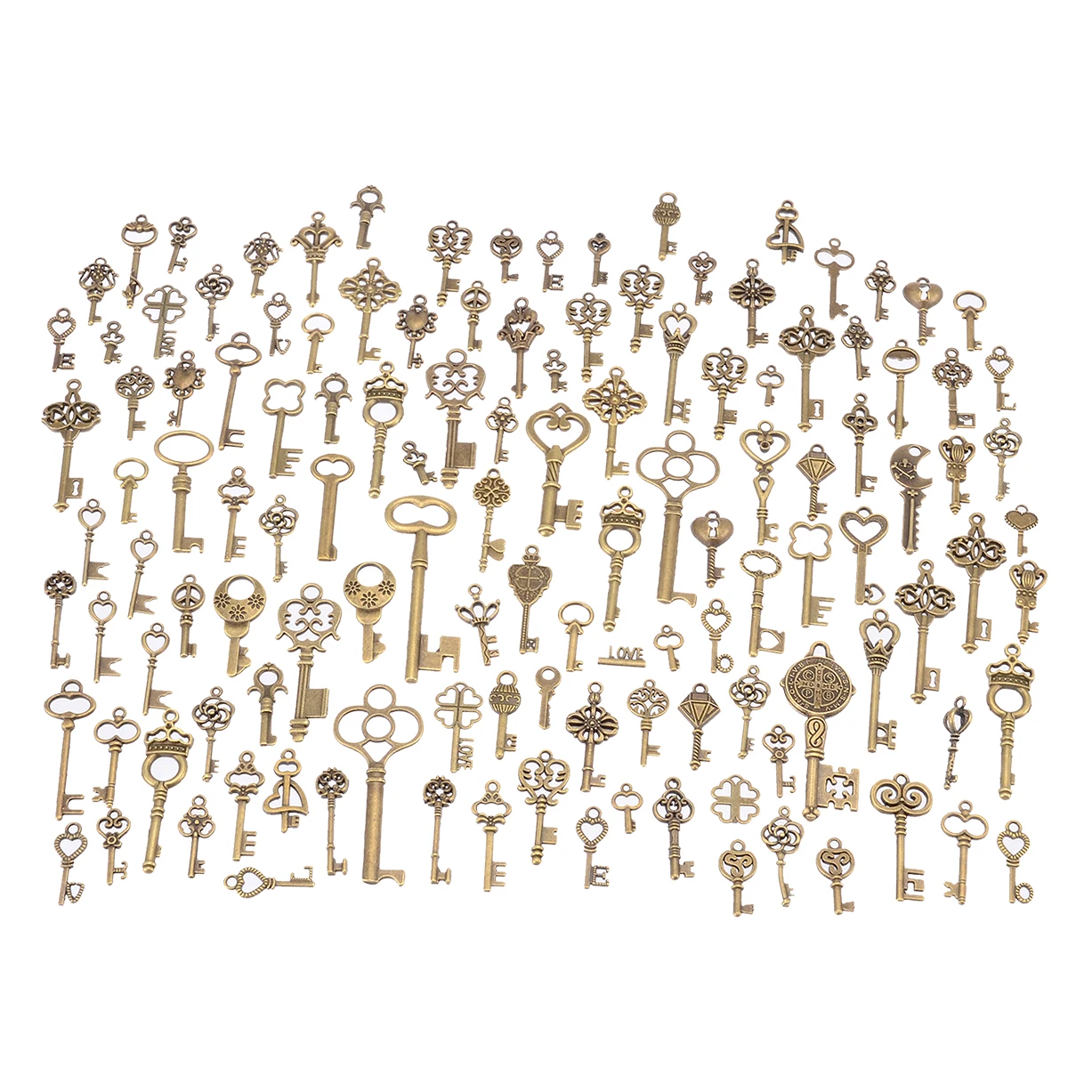 

125PCS Multi Size Creative Antique Vintage Bronze Skeleton Keys Fancy Heart Bow Pendant Decor Lock Necklace Hanging Decor DIY