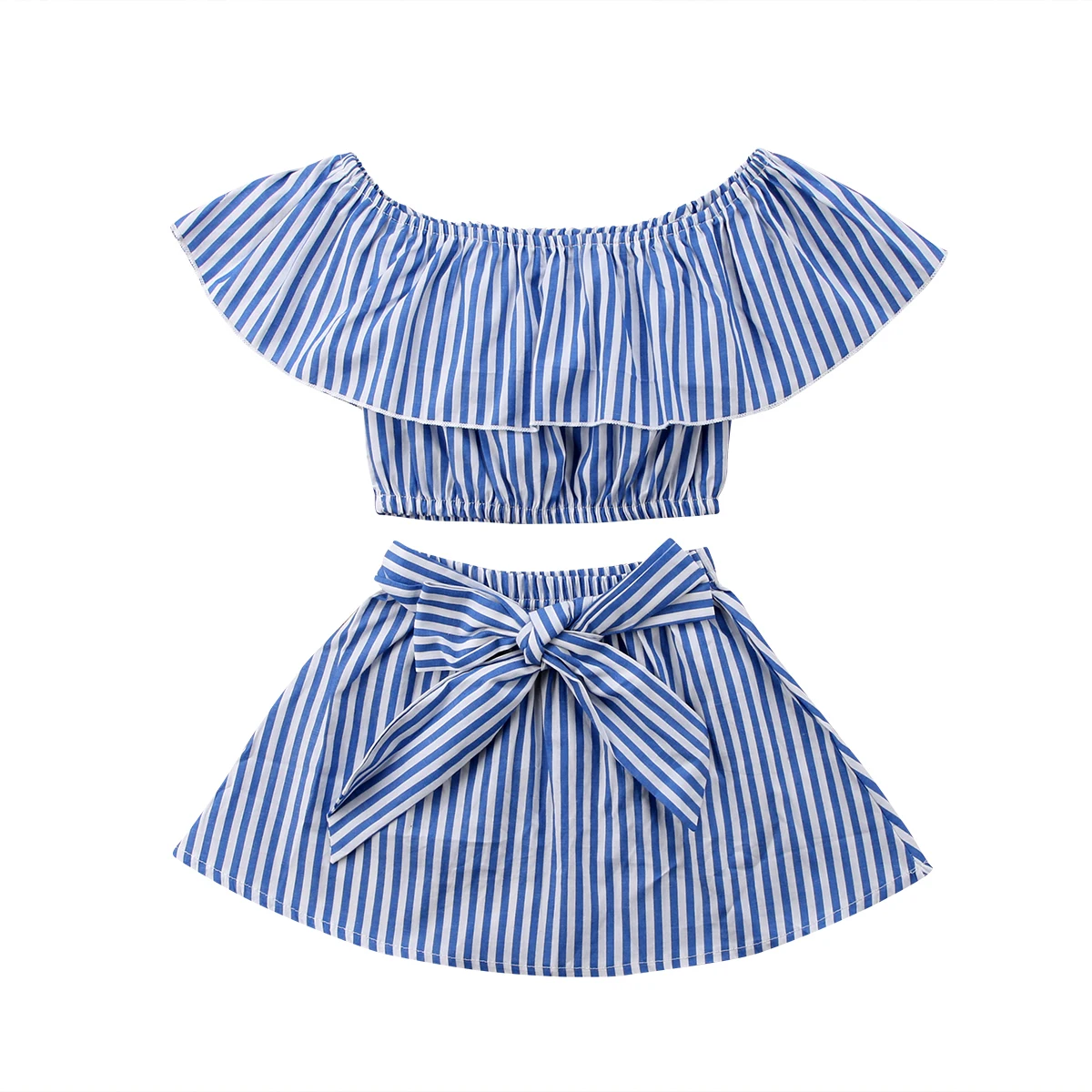 

Summer Toddler Kids Baby Girl Striped Clothes Set Off Shoulder Crop Tops Bowknot Skirt 2PCS Outfits Children Clothing