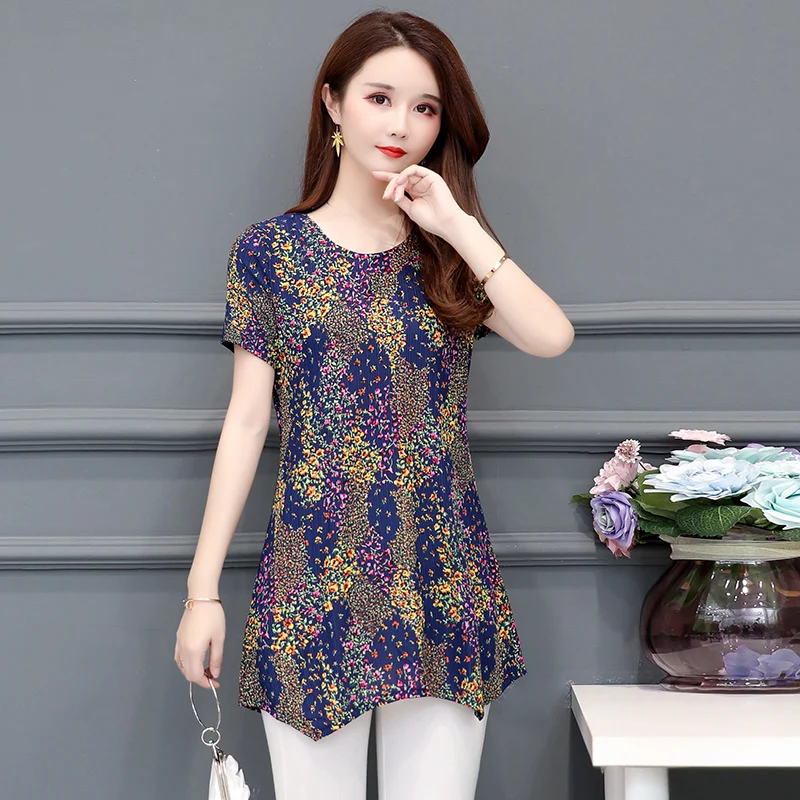 

Summer Chiffon Blouse Short Sleeve Sexy Print Blouse Round Collar Lady Office Shirt Tunic Casual Loose Tops Plus Size Blusas