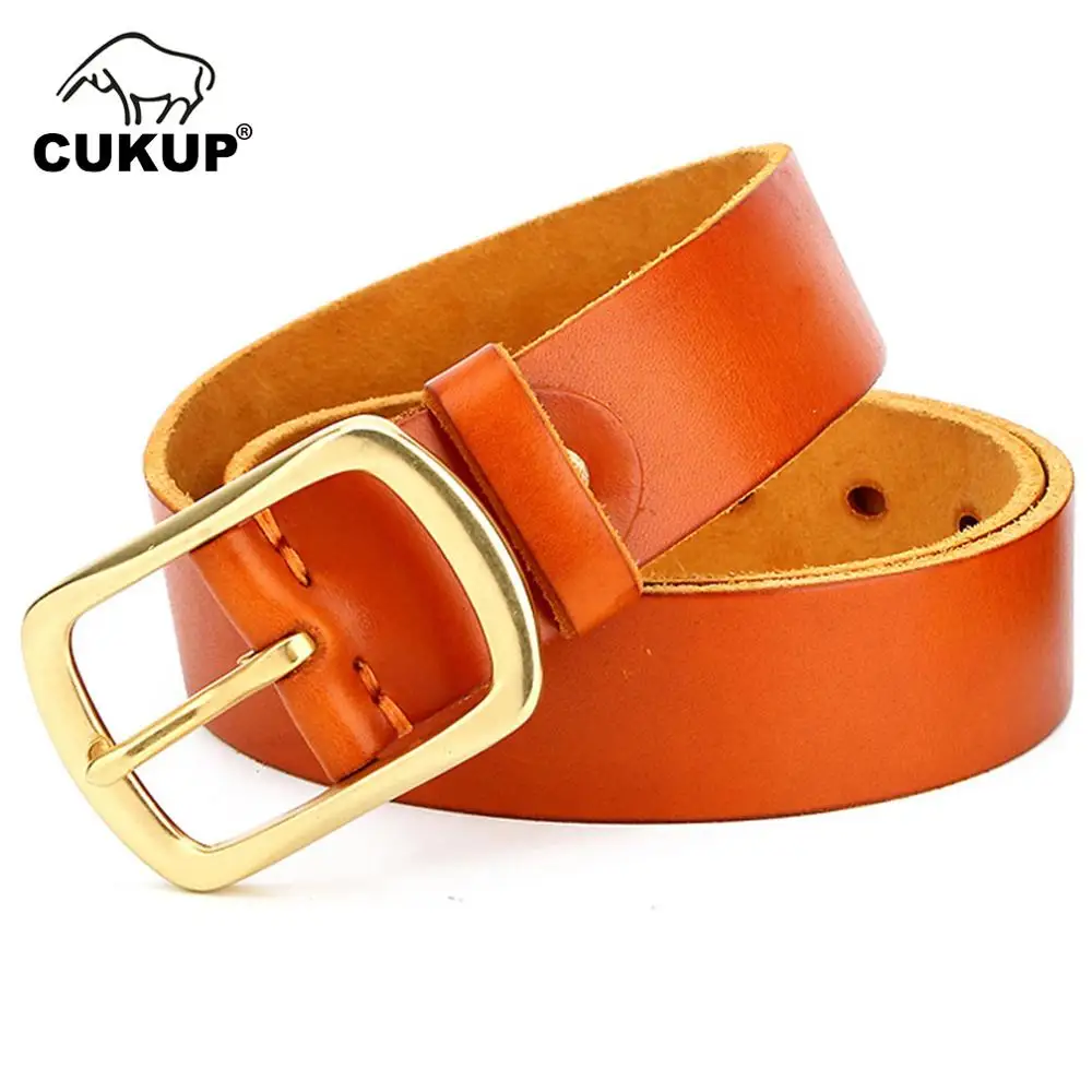 

CUKUP Top Quality Pure Cow Cowhide Leather Belts Brass Pin Buckle Metal Belt Men Retro Styles Accessories for Male 2018 NCK689