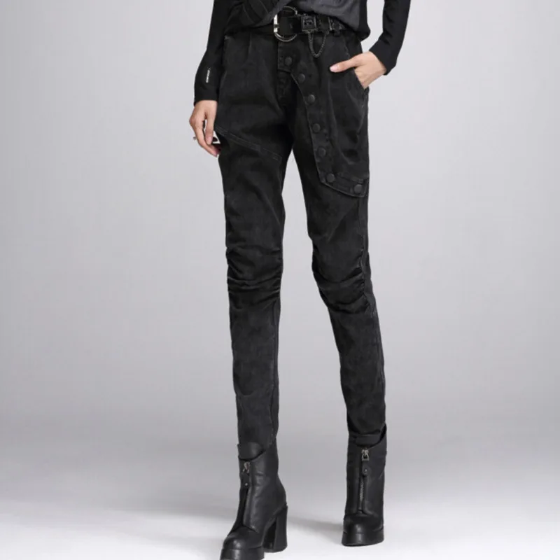 LANMREM 2018, новая мода деним черная кнопка украшения лоскутное джинсы для женщин повседневные штаны женские низ весны YF19601