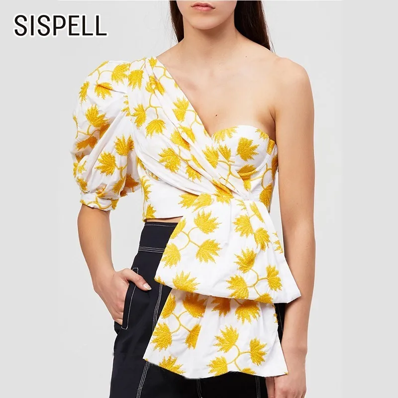

SISPELL 2019 Summer Shirt Women Puff Sleeve Off Shoulder Backless Zipper Print Short Length Blouse Top Female Fashion New Casual