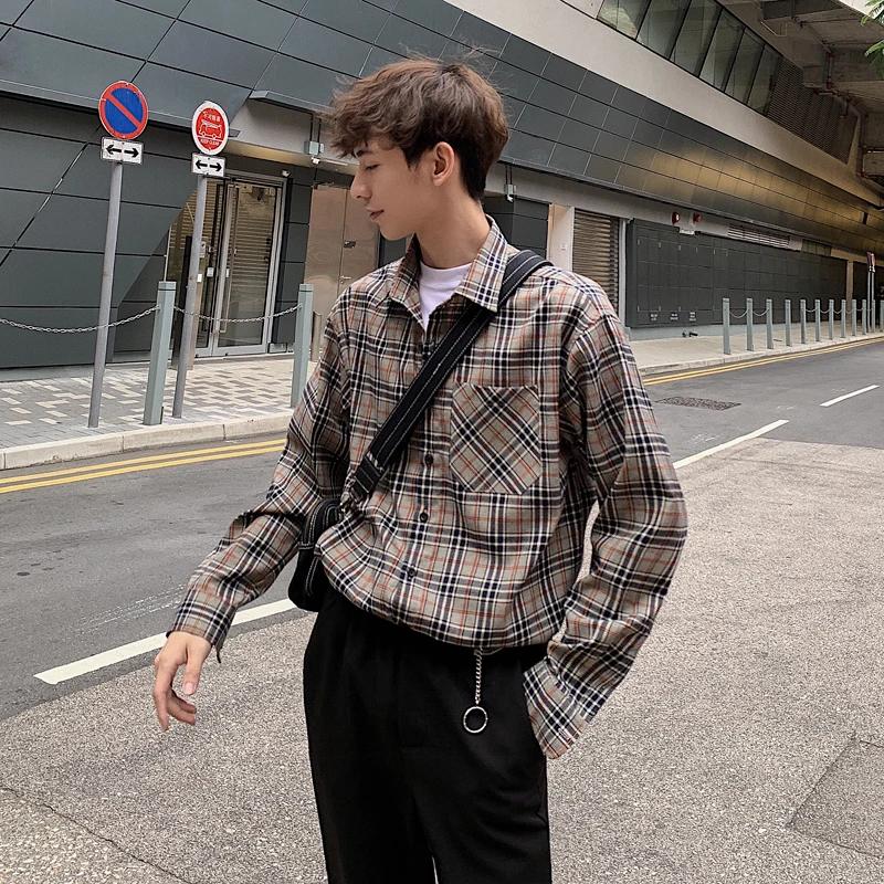 

Men's shirt 2019 spring new plaid printing lapel long sleeve cotton casual slim loose personality youth vitality men's wear