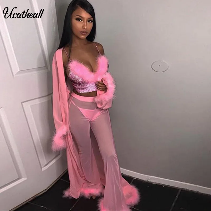 

Ucatheall New 2018 Summer Gauze Mesh Perspective 2 Pieces Pants Set For Feather Stitching Sleeve V Neck Blouse + Loose Pant Set