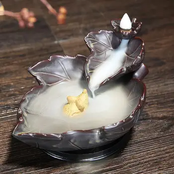 

Ceramic Leaf Backflow Incense Burner Lotus Flower Incense Holder Smoke Waterfall Aromatherapy Censer Creative Home Decor