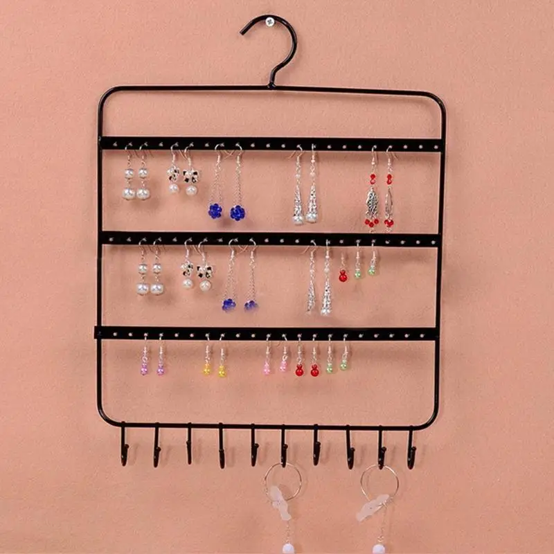 

66 Holes and 10 Hooks Black Metal Wall Earring Organizer Jewelry Hanging Holder Necklace Display Stand Rack Holder