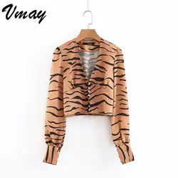 Vmay новые женские рубашки Европа и Америка сексуальный глубокий v-образный вырез однобортная короткая рубашка с тигром шифоновая рубашка 2019
