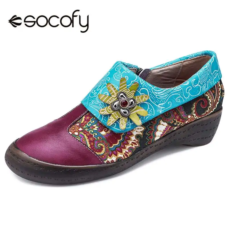 

Socofy Vintage Bohemian Style Shoes Woman Flats Spring Splicing Genuine Leather Women Shoes Handmade Flower Casual Loafers 2019