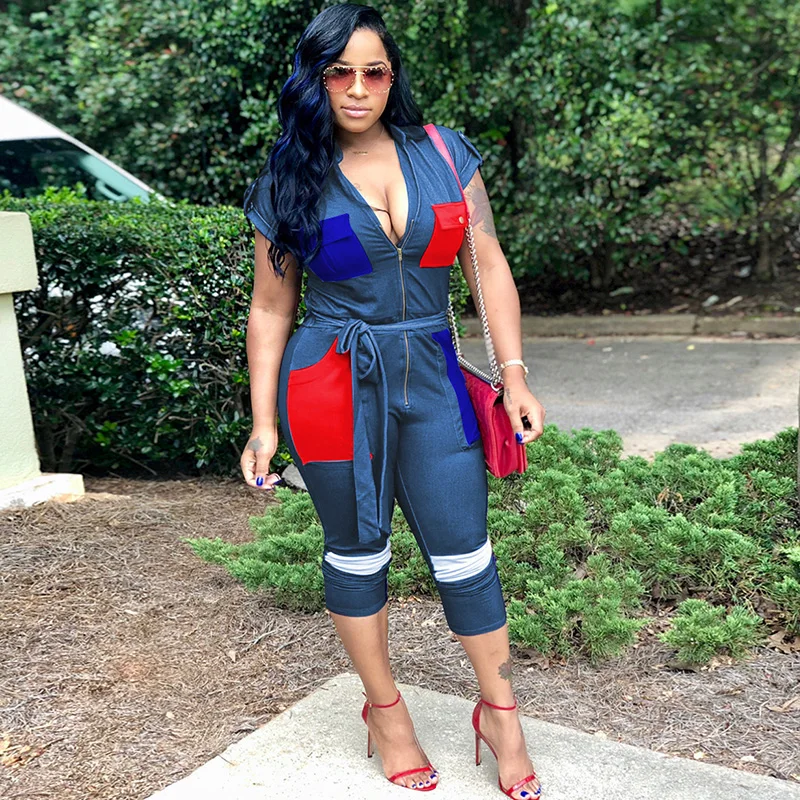 

Mono Short Sleeve Vintage Jumpsuit Belt Rompers Women Long Pants Harajuku Overalls Zip Front Jump Suit Tights Macacao Feminino