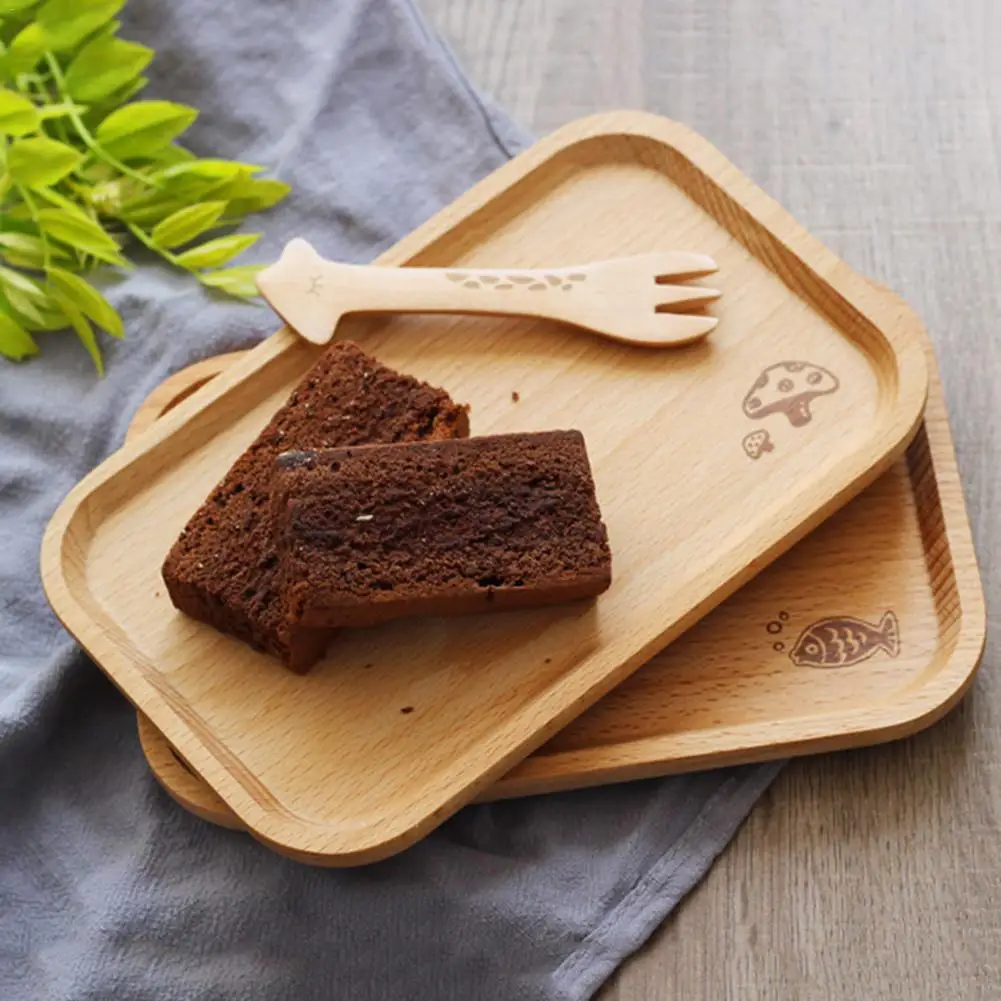 

Cartoon Wooden Tray Bread Fruit Holder Desserts Snack Dish Organizer Serving Tray Storage Plate Rectangular Bamboo Tea Tray