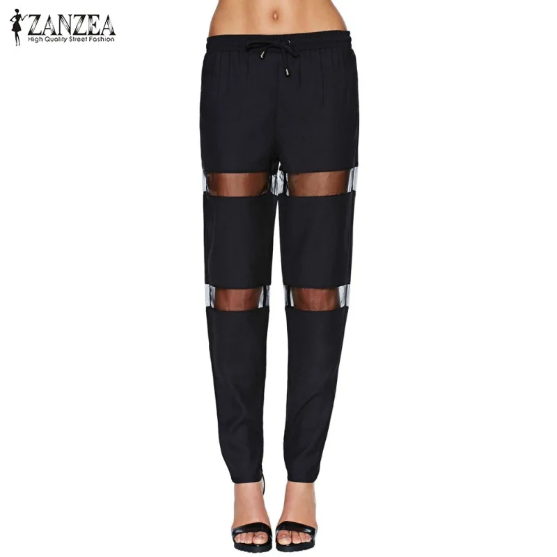 

Plus Size Pants Women ZANZEA 2019 Fashion Casual Slim Mid Elastic Waist Trousers Black Summer Patchwork Mesh Brand Female Pants